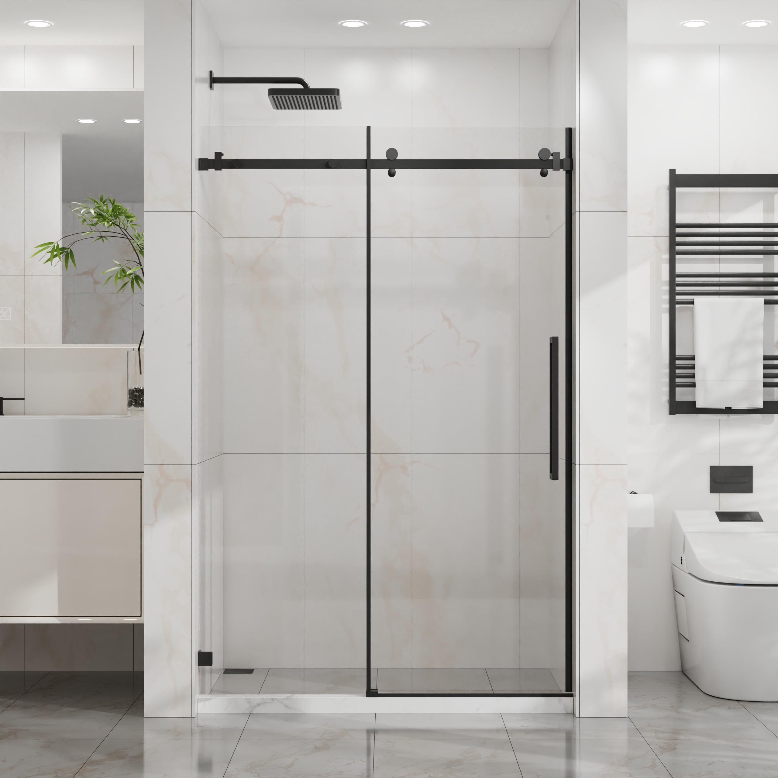 Frameless Shower Door, 48" W x 72" H Sleek Silent Sliding Glass Door, 1/4" (6mm) Thick Tempered Clear Glass with Easy-clean Coating, Heavy-Duty 304 Stainless Steel, Matte Black02