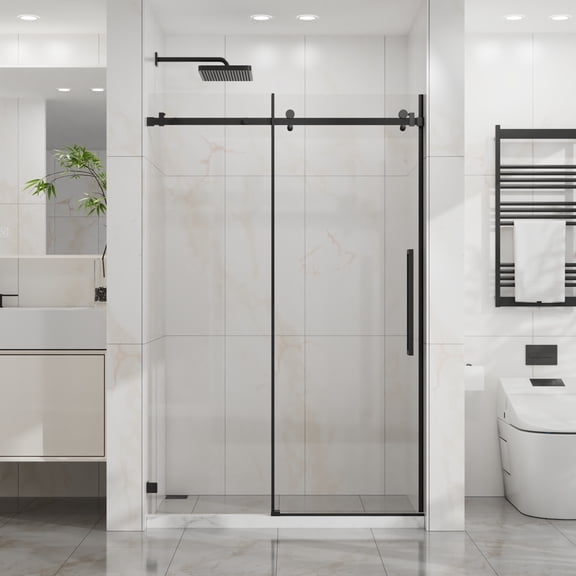 Frameless Shower Door, 48" W x 72" H Sleek Silent Sliding Glass Door, 1/4" (6mm) Thick Tempered Clear Glass with Easy-clean Coating, Heavy-Duty 304 Stainless Steel, Matte Black02