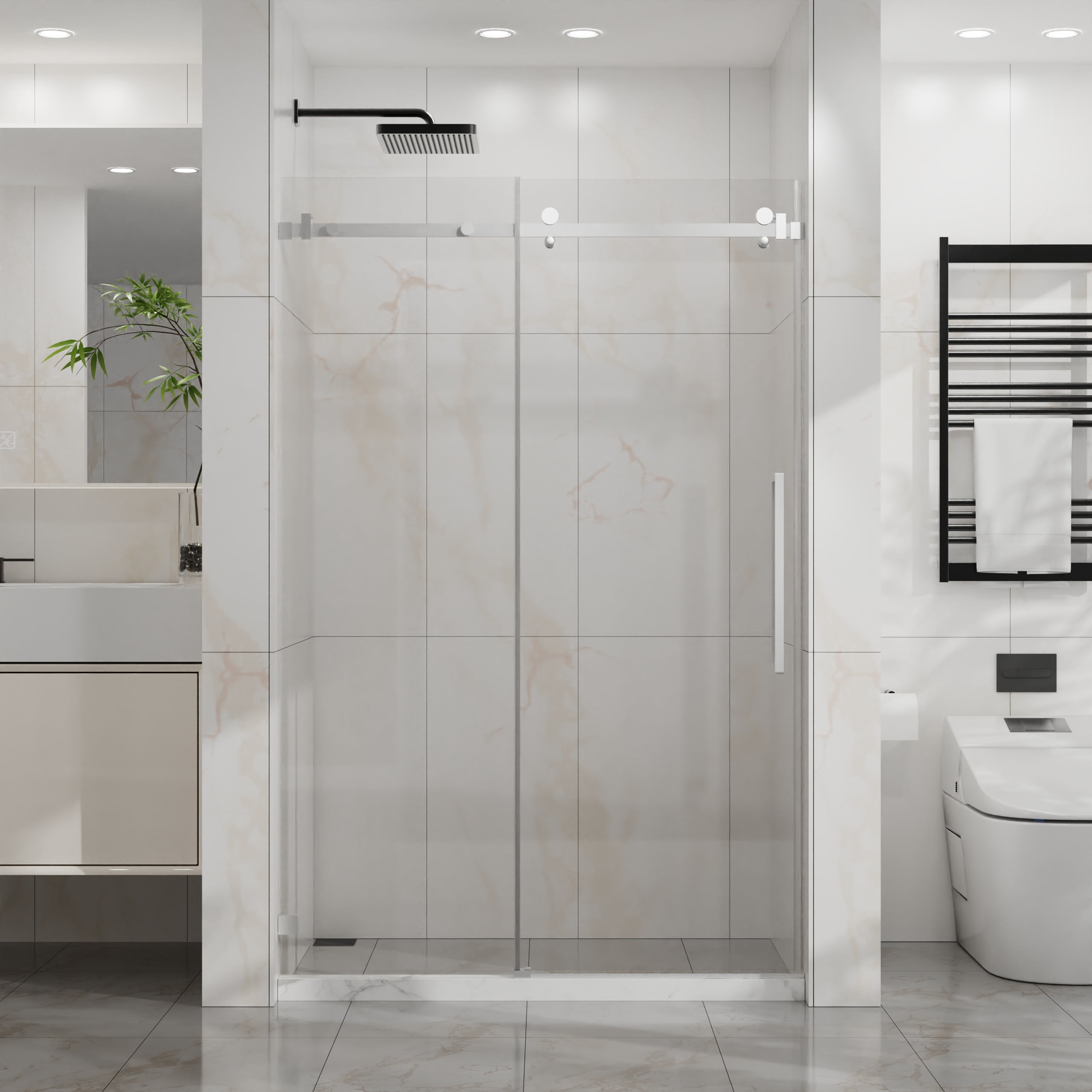 Frameless Shower Door, 48" W x 72" H Sleek Silent Sliding Glass Door, 1/4" (6mm) Thick Tempered Clear Glass with Easy-clean Coating, Heavy-Duty 304 Stainless Steel, Chrome02