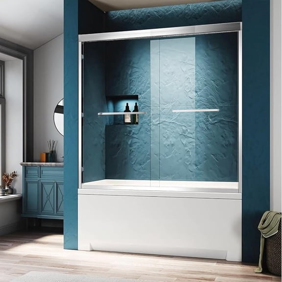 Frameless Shower Door 56-60"W x 60"H Double Sliding Tub Shower Door, Aluminium Alloy Frame in Chrome, 1/4" (6mm) Thick SGCC Tempered Clear Glass.,Sliding Shower Door
