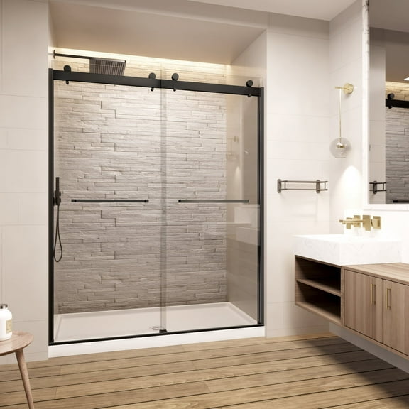 Frameless Shower Door, 56-60" W x 74" H Double Sliding Door with 5/16" SGCC Tempered Clear Glass, Matte Black, ACE DECOR