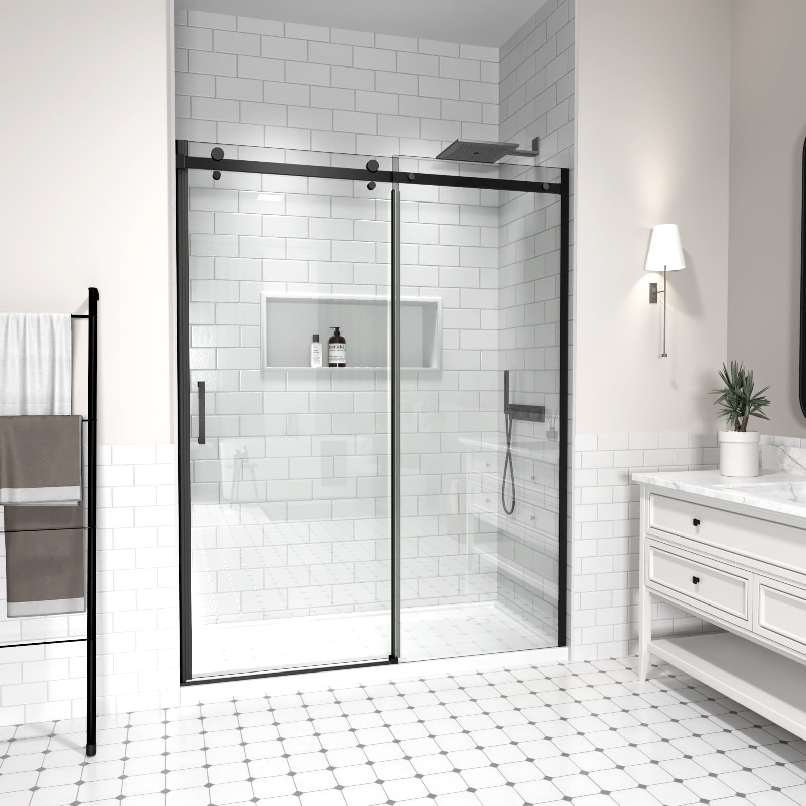 Sliding Shower Door, 56-60" W x 74" H Single Sliding Glass Door, 5/16" Clear Tempered Glass with Nano-coating, Magnetic Closure , Matte Black, ACE