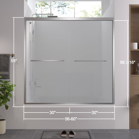 Frameless Shower Door 56-60"x58" Aluminum Frame Double Sliding Bathtub Screen, Bypass Bathroom Sliding Door with Premium 1/4" (6mm) Clear Tempered Glass, Chrome Hardware Sliding Glass Shower Enclosur
