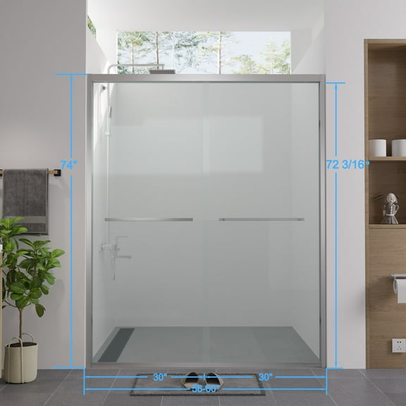 Frameless Shower Door 56-60"x74" Aluminum Frame Double Sliding Shower Door,Bypass Bathroom Sliding Door with Premium 1/4" (6mm) Clear Tempered Glass, Chrome Hardware Sliding Glass Shower Enclosure,Ch