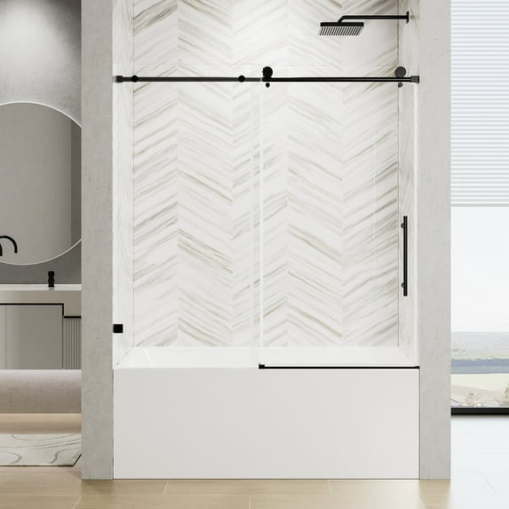 Frameless Shower Door 60" W x 60" H Frameless Single Sliding Shower Door, Soft-Close Matte Black Bathtub Door, 5/16" (8mm) Clear Nano-Coated Tempered Glass with Stainless Steel Handle,Sliding Shower