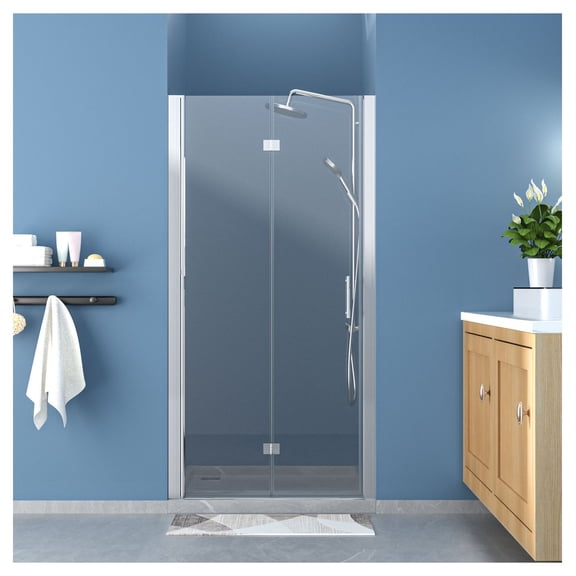Frameless Shower Door Bi-Fold 30-36 inch, Hinged Pivot Panel, Tempered Glass, Matte Black/Brushed Nickel Finish, Reversible Installation