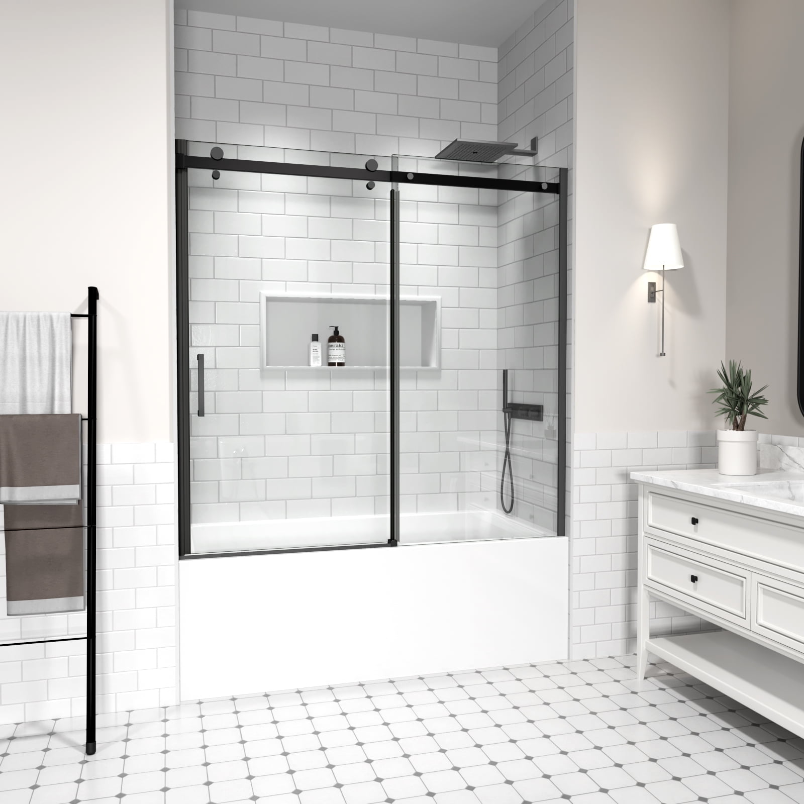Matte Black Frameless Sliding Bathtub Door with Clear Glass
