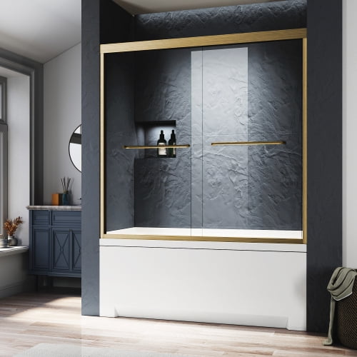 Frameless Shower Door Glass Bathtub Shower Door 56-60 in. W x 62 in. H, Brushed Gold Semi Frameless Double Bathtub Door,Certified SGCC ANSI Clear Tempered Glass,Stainless Steel Handles,Sliding Shower