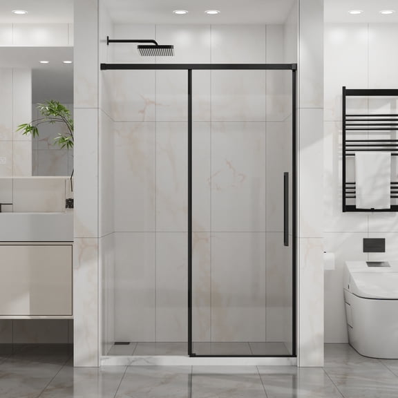 Frameless Shower Door Goodyo 48" W x 72" H Sliding Shower Door, Semi-Frameless Glass Shower Door, 1/4" (6mm) Thick Tempered Clear Glass with Easy-clean Coating, Stainless Steel Hardware, Matte Black,