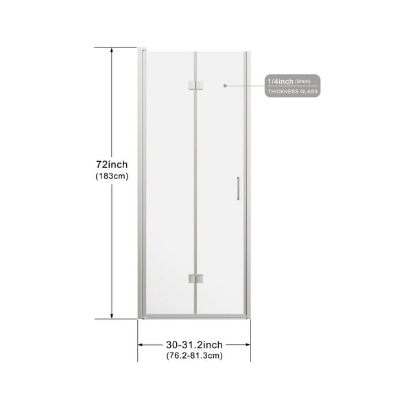 Frameless Shower Door Goodyo Pivot Shower Doors, 30" W x 72" H Frameless Bi-fold Swing Shower Door,1/4" (6mm) Clear Tempered Glass, Chrome Finish Hardware, Reversible Installation,Sliding Shower Door