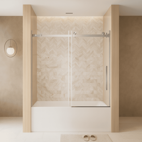 Frameless Single sliding shower door 56-60 "W x 60" H, 1/4 "(6 mm) Clear Tempered Glass, Explosion Proof Film, Stainless Steel Handle Square Tube Track ,Brushed Nickel