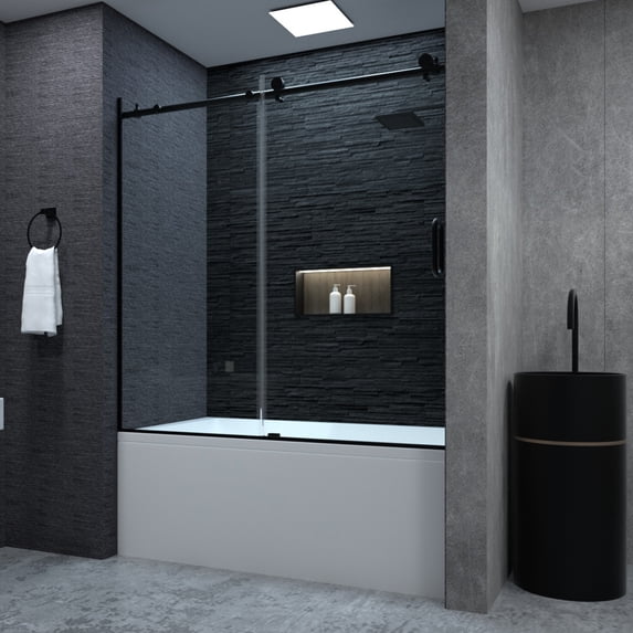 Frameless Sliding Bathtub Door,lear Tempered Glass, Matte Black Finish, Designed for Smooth Door Closing and Opening