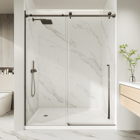 Kelloza Frameless Shower Door, 56-60" W x 76" H Tall Sliding Glass Door for Walk-In Shower, 1/4" (6mm) SGCC Tempered Clear Glass, Waterproof Strip, Stainless Steel Hardware