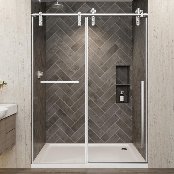 Frameless Sliding Shower Door 44-48 in W x 76 in. H, Barn-Style Exposed Roller, 5/16 in (8mm) Clear Tempered Safety Glass, Stainless Steel Hardware, Walk-In Shower, Brushed Nickel