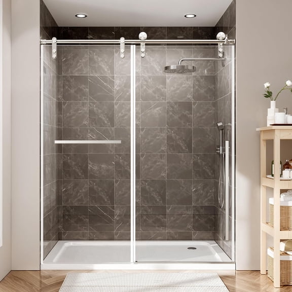 Frameless Sliding Shower Door 56-60 in W x 75 in. H, Barn-Style Exposed Roller, 5/16 in (8mm) Clear Tempered Safety Glass, Stainless Steel Hardware, Walk-In Shower, Brushed Nickel