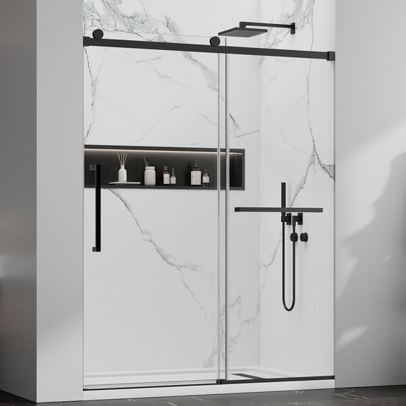 Frameless Sliding Shower Door 56-60" W x 76" H, 5/16" (8mm) Clear Nano Tempered Glass, Bypass Bathroom Shower Glass Doors with Stainless Steel Hardware, Easy to Clean Matter Black
