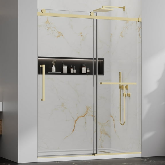 Frameless Sliding Shower Door 56-60" W x 76" H, 5/16" (8mm) Clear Nano Tempered Glass, Bypass Bathroom Shower Glass Doors with Stainless Steel Hardware, Easy to Clean Gold
