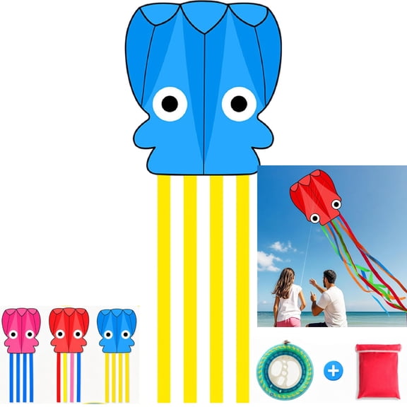 Frameless Soft Octopus Kite Cartoon Style, Complete Kit with 1 Kite, Crystal Line Reel & Portable Storage Bag, Easy Fly Beach Outdoor Kite for Kids & Family(Blue)