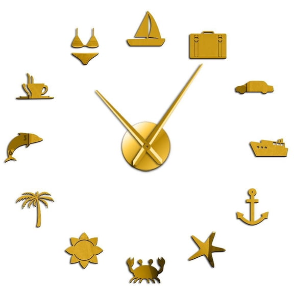 Frameless Travel Traveling DIY Wall Clock Hawaii Summer Vacation Clock Watch Friends and Family Holidays Trip Around The World(Gold,27inch)