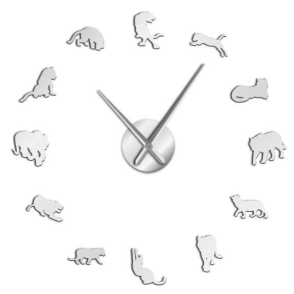 Frameless Wildlife Tigers 3D DIY Wall Clock Wild Animals Quartz Acrylic Mirror Sticker Clock Watch Living Room Unique Design(Silver,47inch)