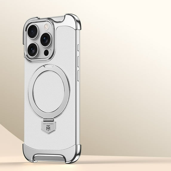 Frameless for iPhone 15 Pro Max Case with Invisible Ring Stand & Secure Ring Grip, Metal Corners Protection PU Leather Phone Cover for iPhone 15 Pro Max Compatible with Mag-Safe, Silver