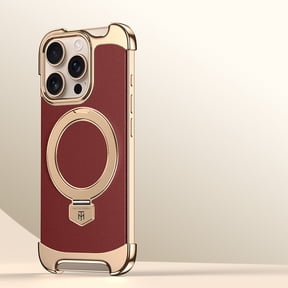 Frameless for iPhone 16 Pro Max Case with Invisible Ring Stand & Secure Ring Grip, Metal Corners Protection PU Leather Phone Cover for iPhone 16 Pro Max Compatible with Mag-Safe, Red