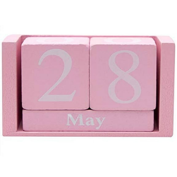 Framendino, Pink Vintage Wood Perpetual Calendar Blocks Desktop Calendar Rustic Wooden Cubes Calendar Home Office Decoration