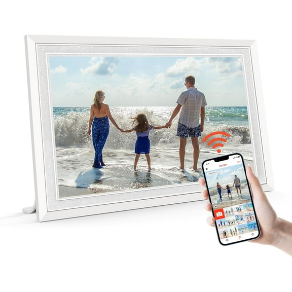 Frameo 10.1" Digital Picture Frame with 32GB Memory White WiFi Electronic Photo Frame 1280 x 800 IPS HD Touch Screen Auto-Rotate Slideshow Wall Mountable Share Photos/Video Remotely Anywhere