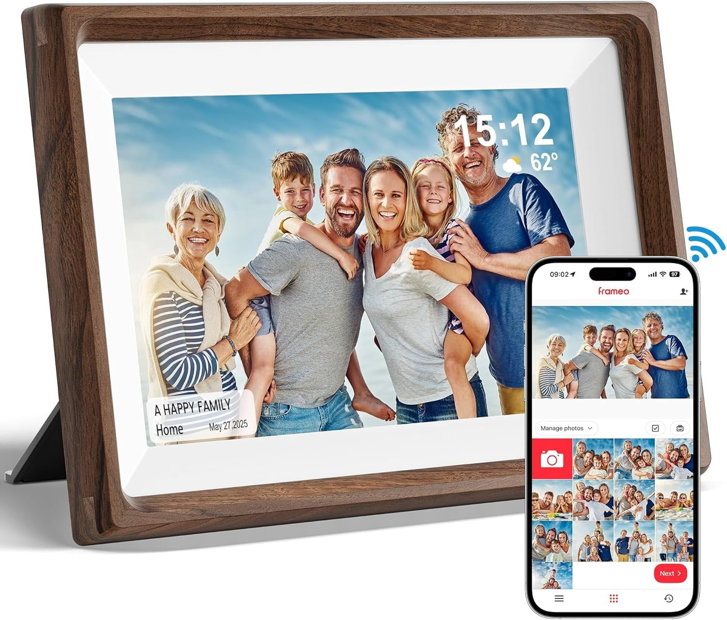 Frameo 10.1" Digital Picture Frame with Walnut Moulding, 16:9 1280p IPS ...