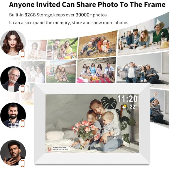 Frameo 10.1 Inch Digital Picture Frame White WiFi Smart Display 1280x800 HD Touch Screen 32GB Storage Auto Rotate Wall Mountable for Family Photos and Videos