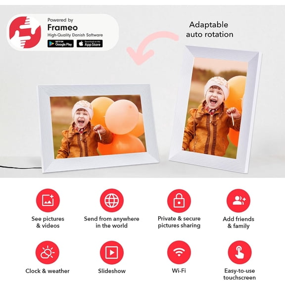 Frameo 10.1 Inch Smart WiFi Digital Photo Frame with 32GB Storage & Touch Screen, White Electronic Picture Frame for Family Photos