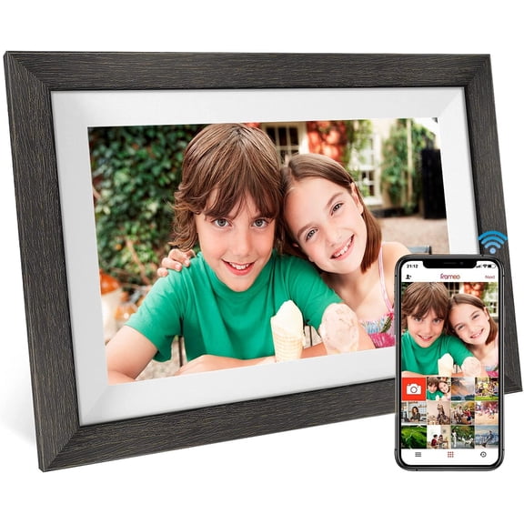 Frameo 10.1 Inch WiFi Digital Picture Frame1280 * 800IPS HD Cloud Smart Digital Photo Frame,32GB Storage, Wall Mountable, Auto-Rotate,Easy to Share Photos or Videos via FRAMEO APP Wood Frame