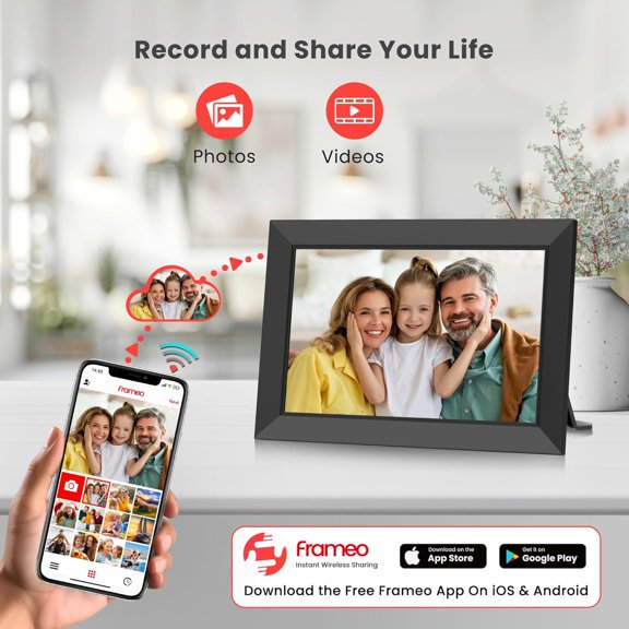 Frameo 10.1 Inch Wifi Digital Picture Frame with HD IPS Touch Screen, 32GB Memory, Auto-Rotate, Wall Mount, Share Photos Videos via App Instantly for Family Gifts