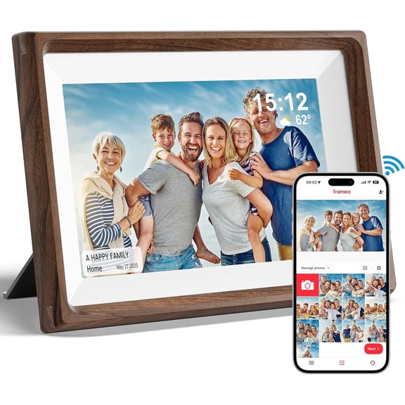 Frameo 10.1" Smart Digital Picture Frame with Walnut Moulding, 16:9 1280p HD IPS Touchscreen Display, 32GB Storage, MicroSD Slot, Plug-in Power, Easy Wireless Photo & Video Sharing, Idea