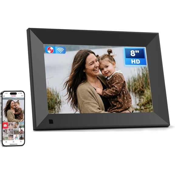 Frameo 8 Inch smart WiFi Digital Photo Frame with 1280x800 HD IPS Touchscreen, Frameo Digital Frame WiFi 16GB, Wall Mountable, Share Photo/Video via Apps, Email, Support USB/Mirco SD, Black