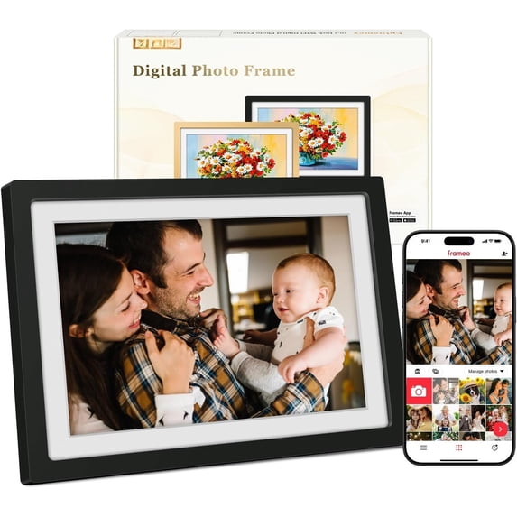 Frameo Digital Photo Frame WiFi Matte Black Frame 10.1 Inch Picture Frame with 1280x800 IPS Touchscreen, Built-in 32GB, Send Photo Video via Frameo App/USB/SD, Gifts for Women Men