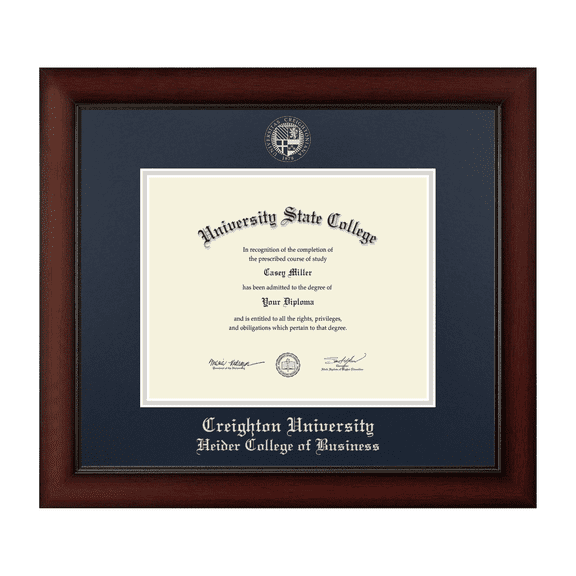Framerly - Creighton Business Diploma Frame with Navy and Silver Mat
