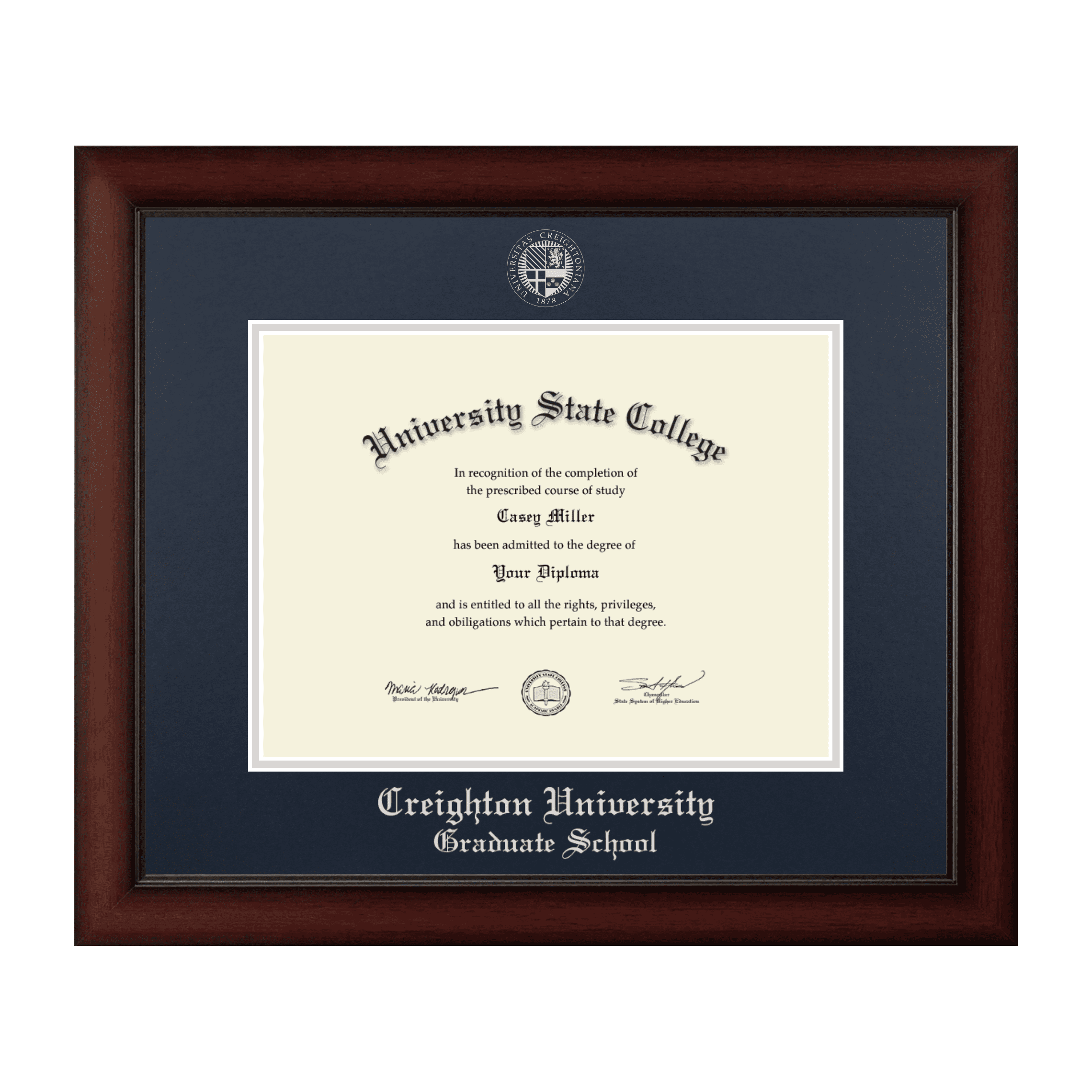 Normal Frame Graduate Framerly - Creighton Graduate Diploma Frame with Navy and Silver Mat ...