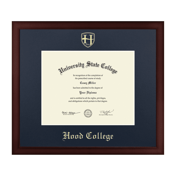Framerly - Hood College 10w x 8h Diploma Frame - Gold Embossed Diploma Frame - Cherry Moulding with Navy Matting