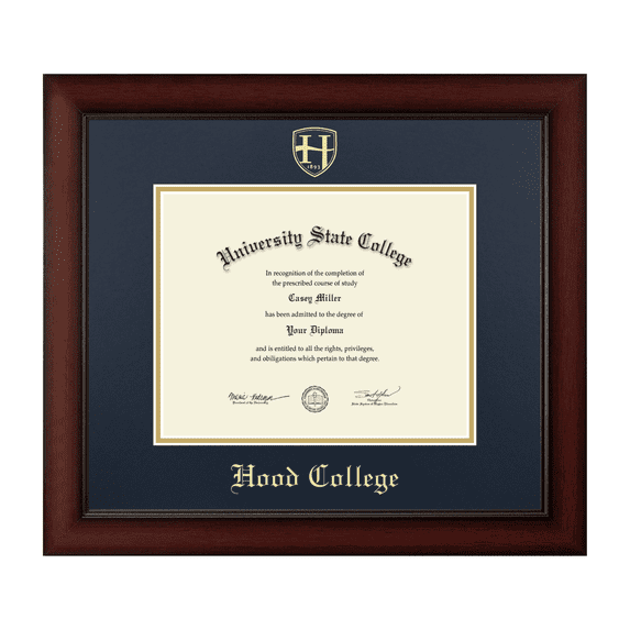 Framerly - Hood College 10w x 8h Diploma Frame - Gold Embossed Diploma Frame - Cherry Moulding with Navy and Gold Matting