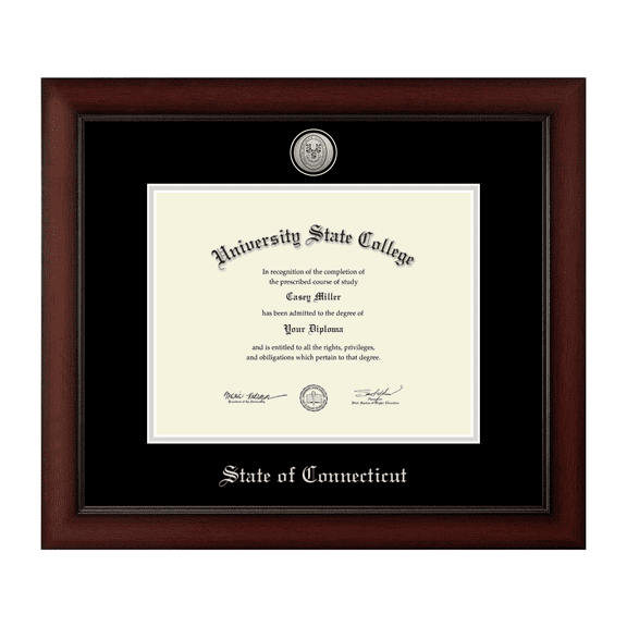 Framerly - State of Connecticut 11w x 8.5h Certificate Frame - Gold Embossed Certificate Frame - Cherry Moulding with Black and Silver Matting