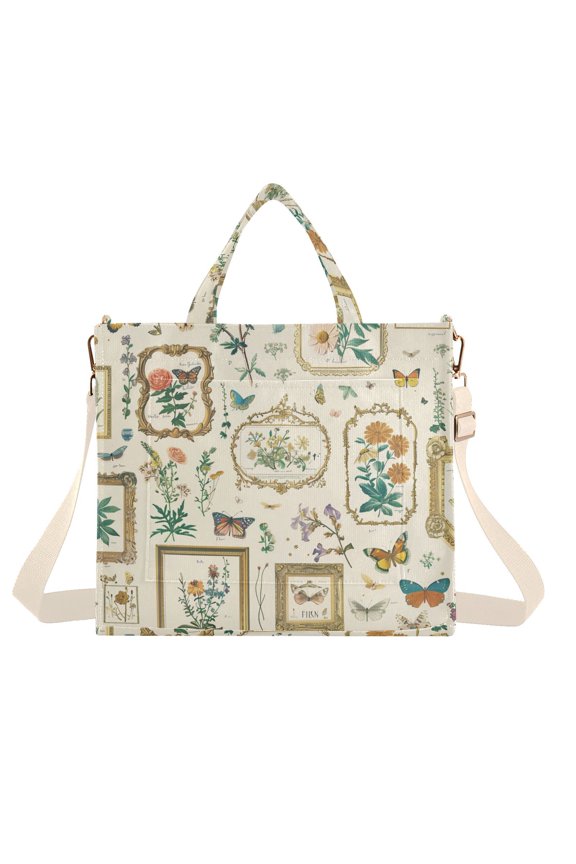 Frames Flowers Butterflies Plants Corduroy Tote Bag Handbag Large Messenger Bag Shoulder Crossbody Zipper Bag Purse
