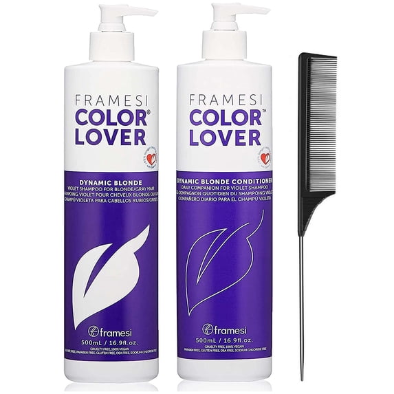 Framesi Color Lover Dynamic Blonde Purple Shampoo and Conditioner Set, 16.9 fl oz (with Free Tail Combs)