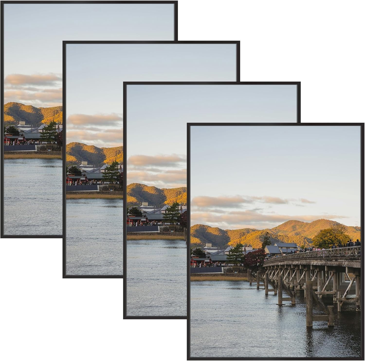Frametory, 18x24 Aluminum Picture Frame, Real Glass Front, Display 18 x 24 Photo for Wall, 18 by 24 Poster Frame, Hook for Horizontal/Vertical Mount (Black 4 PACK)