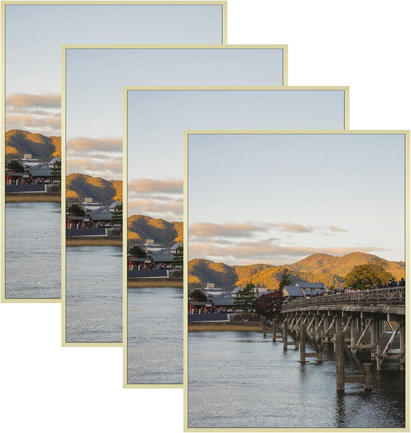 Frametory, 18x24 Aluminum Picture Frame, Real Glass Front, Display 18 x 24 Photo for Wall, 18 by 24 Poster Frame, Hook for Horizontal/Vertical Mount (Gold 4 PACK)
