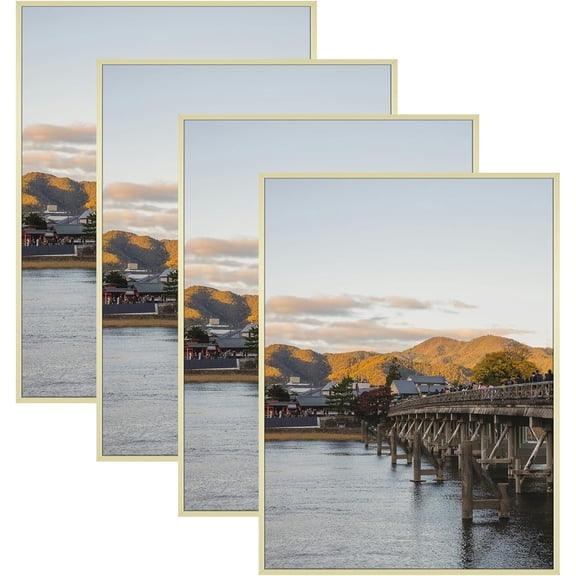 Frametory, 18x24 Aluminum Picture Frame, Real Glass Front, Display 18 x 24 Photo for Wall, 18 by 24 Poster Frame, Hook for Horizontal/Vertical Mount (Gold 4 PACK)