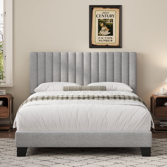 Pattern Create Draw Frameway Full Size Linen Upholstered Bed with Vertical Striped ...