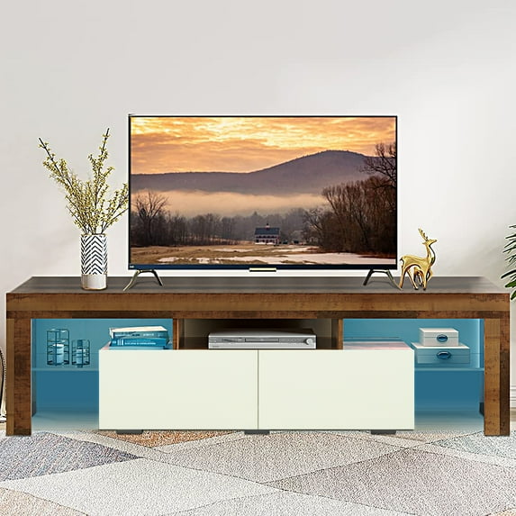 Framhouse Design TV Stand for 70 Inches TV, TV Stand Cabinet with RGB LED Lights, Farmhouse Wood Entertainment Center, Console TV Cabinet with 2 Drawers