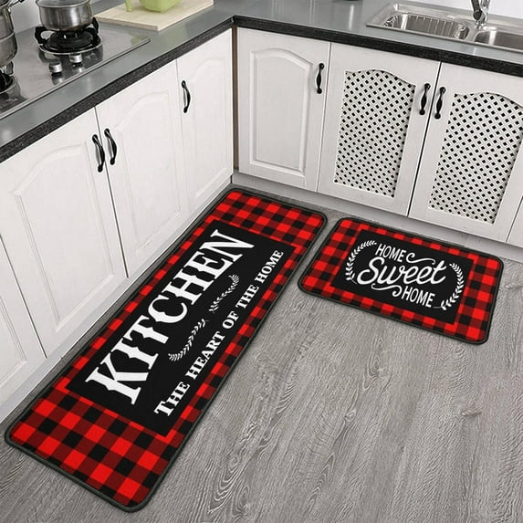 Framhouse Kitchen Rugs and Mats Set of 2, Black and Red Buffalo Plaid Non-Slip Floor Mat for Home Kitchen Christmas Decor - 17x29 and 17x47 Inch