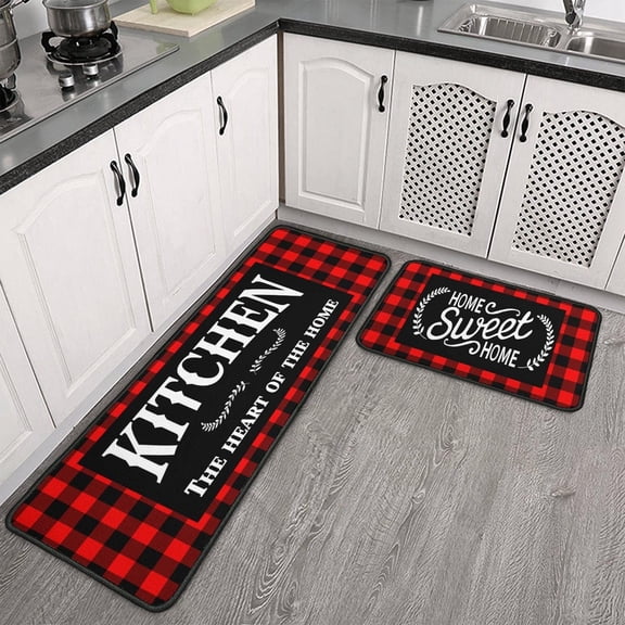 Framhouse Kitchen Rugs and Mats Set of 2, Black and Red Buffalo Plaid Non-Slip Floor Mat for Home Kitchen Decor - 17x29 and 17x47 Inch